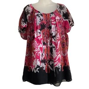 Lane Bryant Womens Pink Paisley Chiffon Blouse Plus 18/20 Short Sleeve Lined Top
